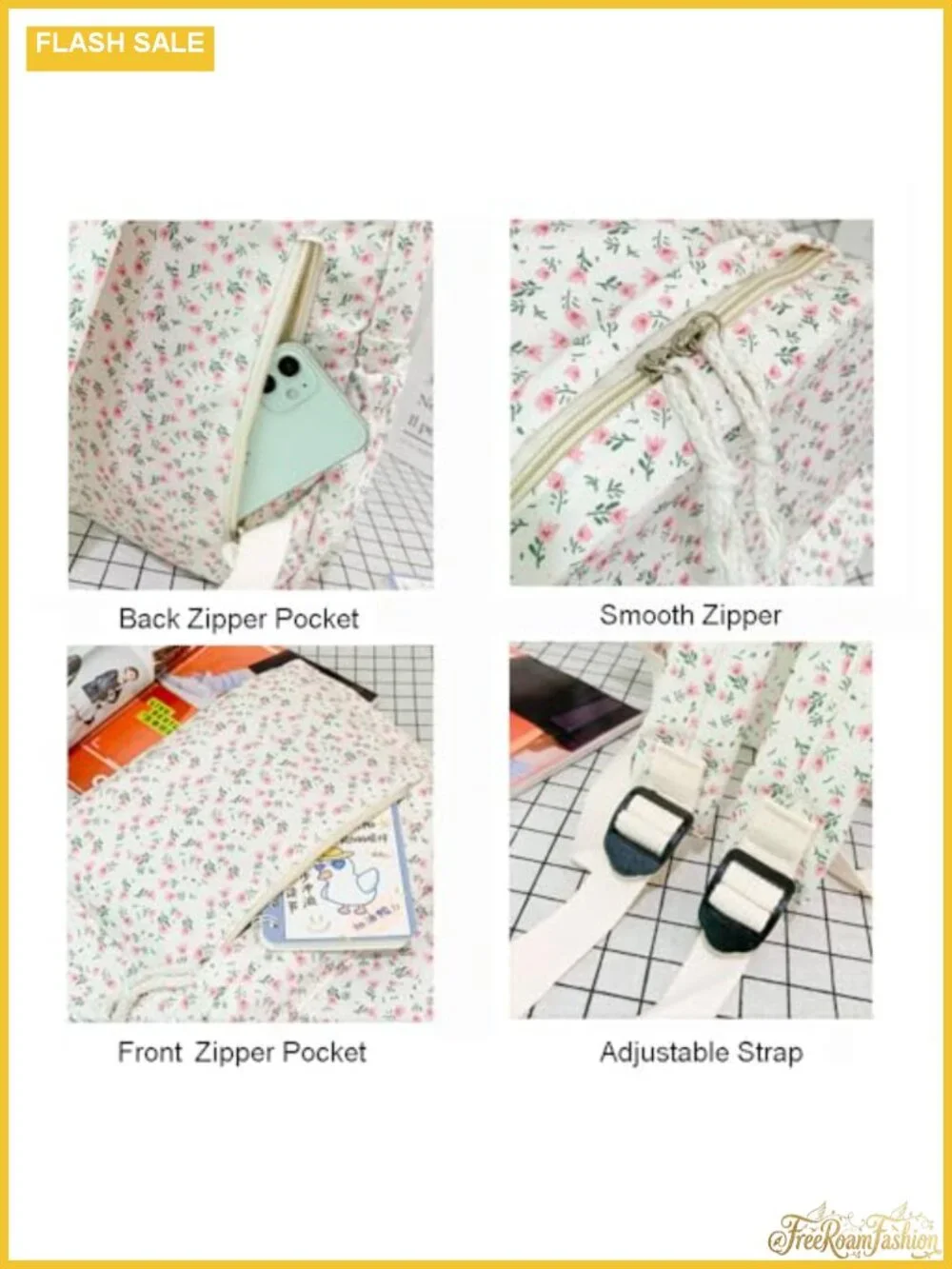 Waterproof Floral Canvas Backpack Women Fashion Rucksack Daypack Multi-Pocket
